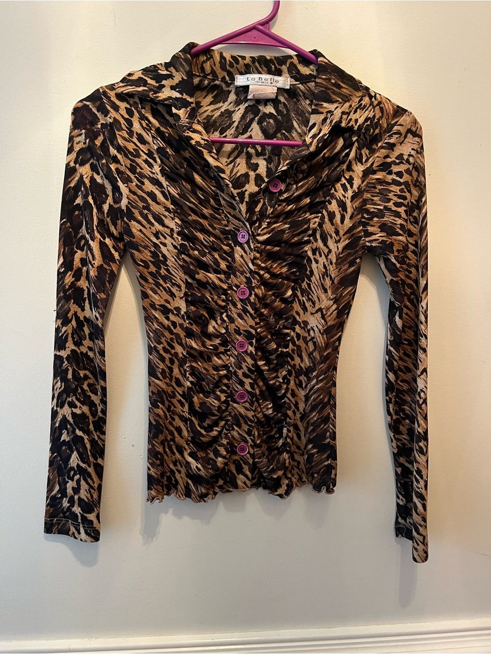 Vintage Y2K 2000s La Belle Leopard-Print Ruched Button-Front Top size XS